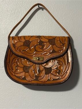 Handcrafted Tooled Tan Leather Floral Handbag